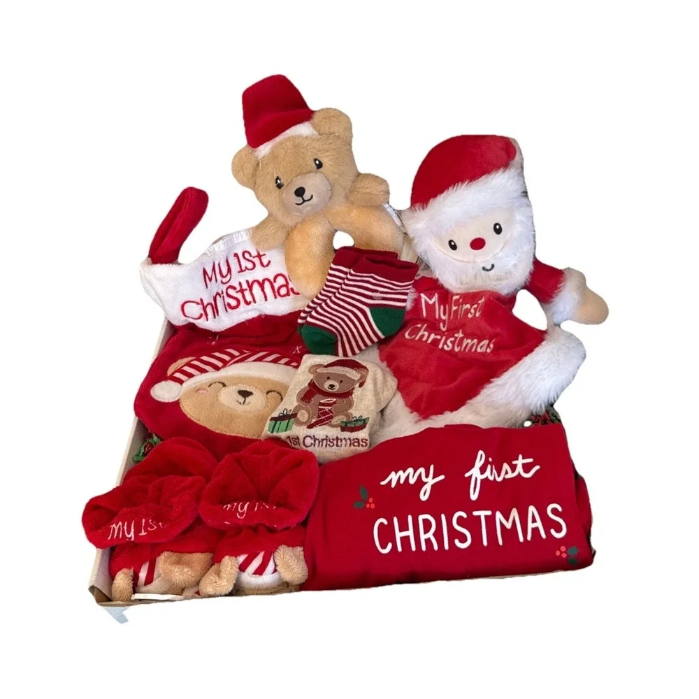 Baby's 1st Christmas Gift Basket Stocking Outfit Booties Bib Socks Lovey Rattle